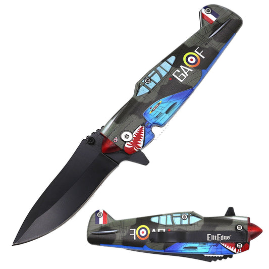 Spring Assist Folding Knife Kittyhawk WWII Fighter Plane - Gray