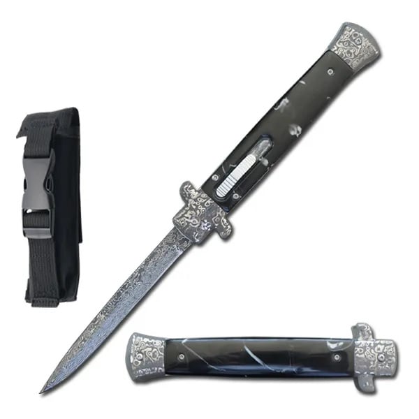 11 Inches Classic Gentleman Italian Stiletto Damascus OTF Black Pearl Handle Knife