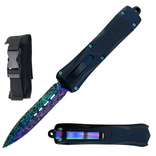 9" Torpedo G10 Handle Rainbow Damascus Etch OTF Knife