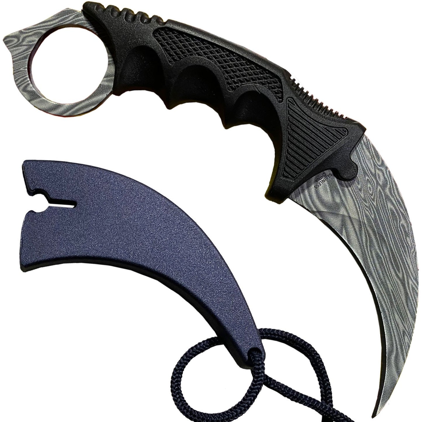 7.6" Damascus Pattern Combat Tactical CSGO Karambit Neck Knife w Sheath