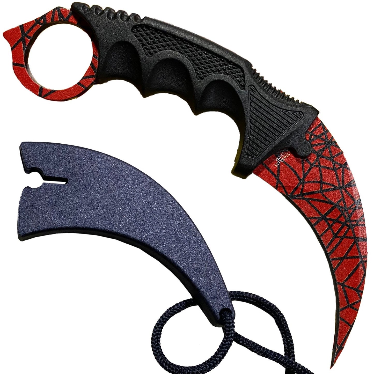 7.6" Red Spider Web Combat Tactical CSGO Karambit Neck Knife w Sheath
