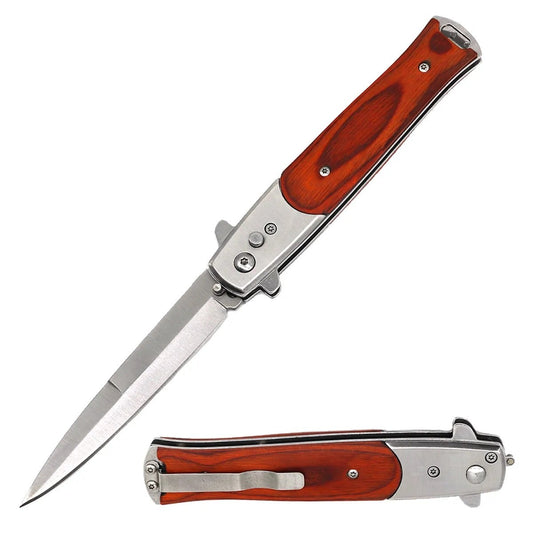 Wood Handle Cavalier Push Button Italian Style Switch Blade Knife