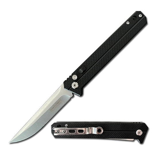 9" EDC Drop Point Auto Switch Blade - Safety Lock - Black G10 Handle
