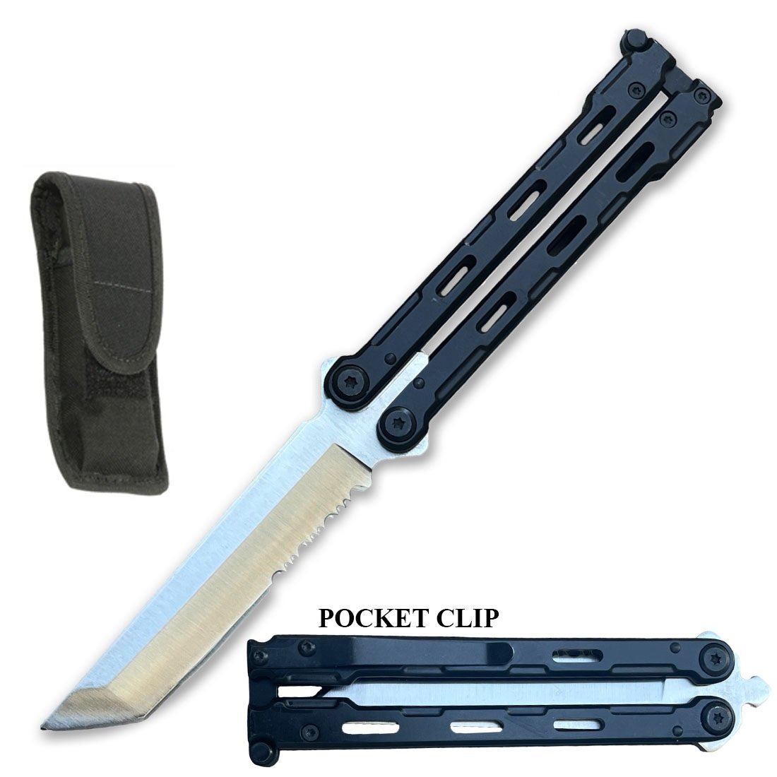 8.25 Inch Overall Tanto Serrated Blade Balisong Butterfly Knife