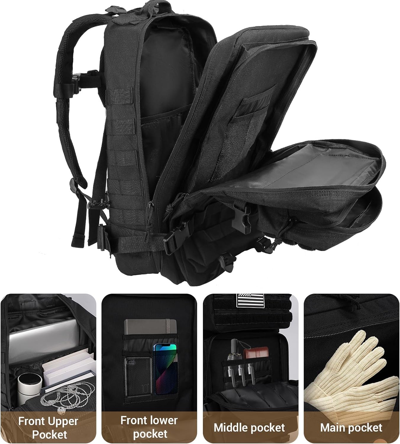 Military Tactical Backpack Assault Pack Molle Bag Backpacks 45L For Camping,Hunting,Hiking (Black)