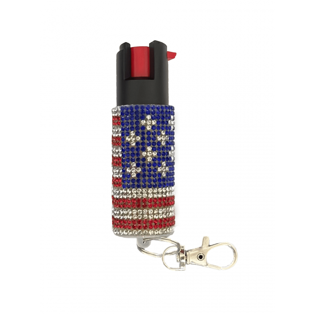 USA Flag Rhinestones Keychain Personal Defense Pepper Spray OC-18 1/2 oz