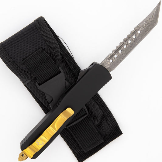 8.6" Dipping in Gold Damascus Tanto Automatic Out the Front Knife