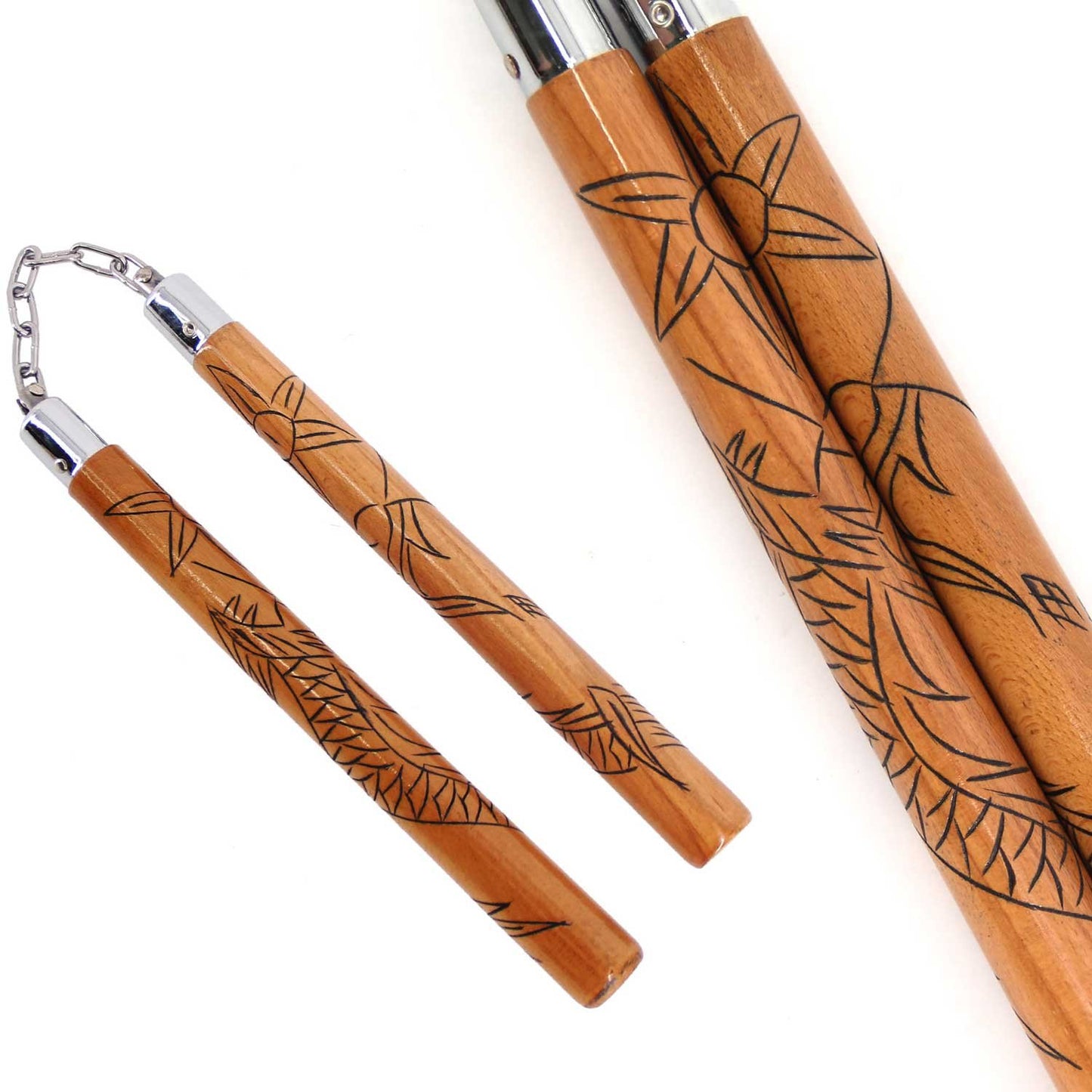 12" Carved Dragon Wood Nunchaku