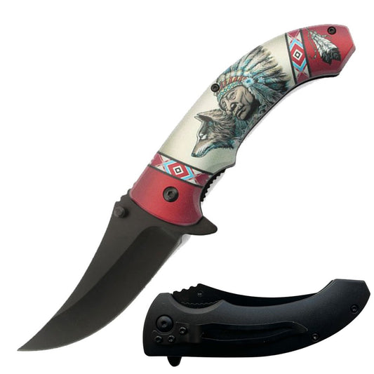 8" Native American Indian Spring Assisted Open Folding Pocket Knife Red