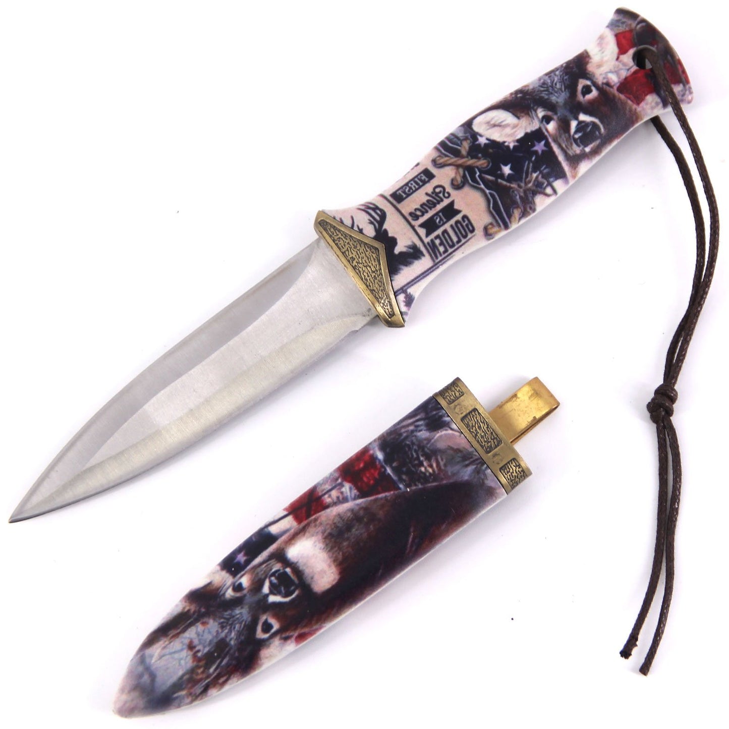 8 Inch Double Edge USA Flag with Deer Boot Knife With Clip