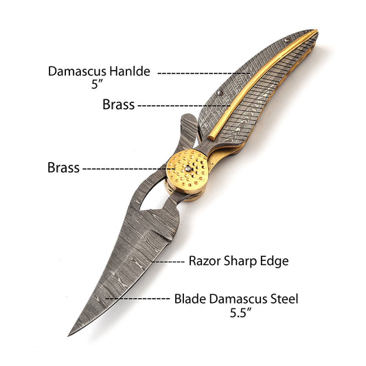 8.5" Leaf Style Damascus Steel Custom Handmade Folding Knife