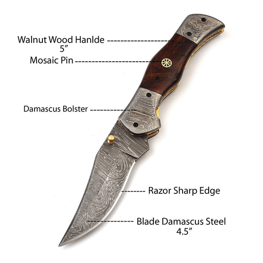 9" Damascus Steel Custom Handmade Folding Pocket Knife