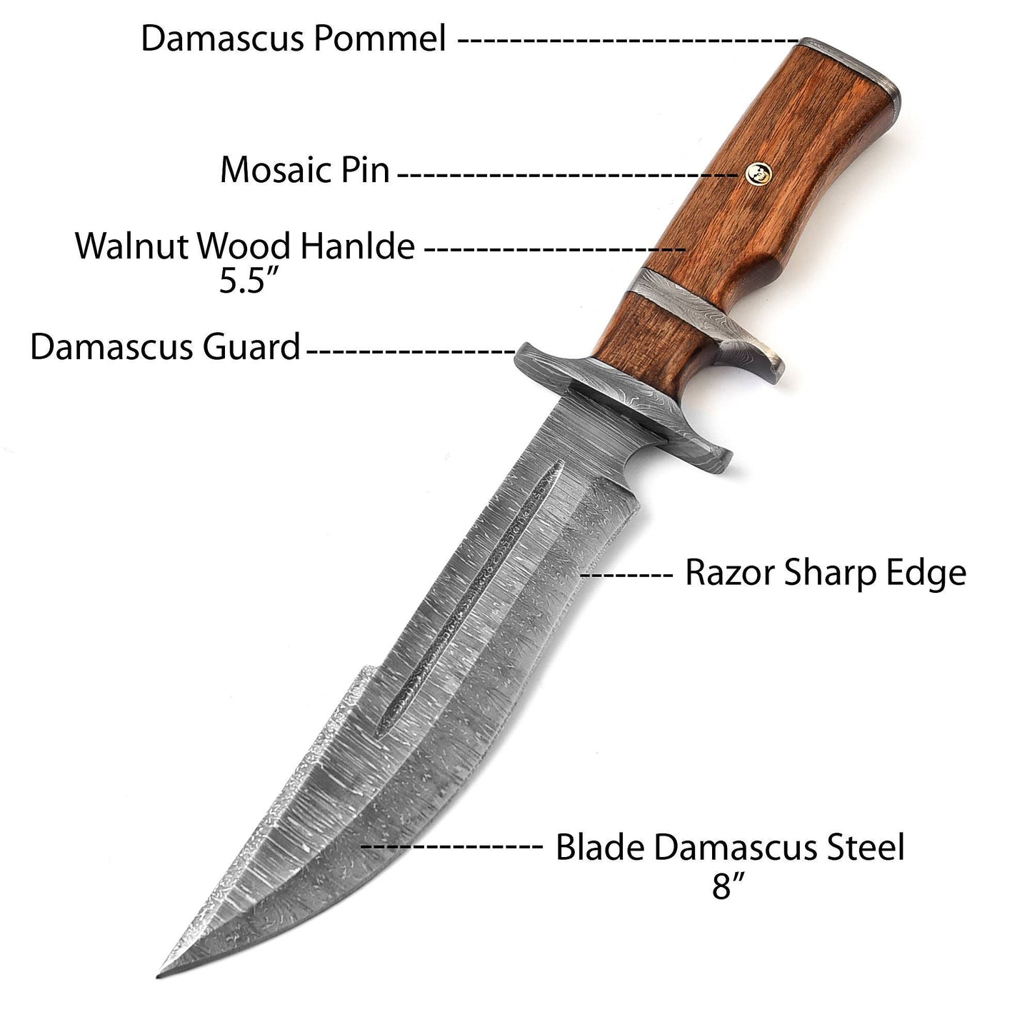 13.5" Damascus Steel Custom Handmade Fixed Blade Bowie Knife