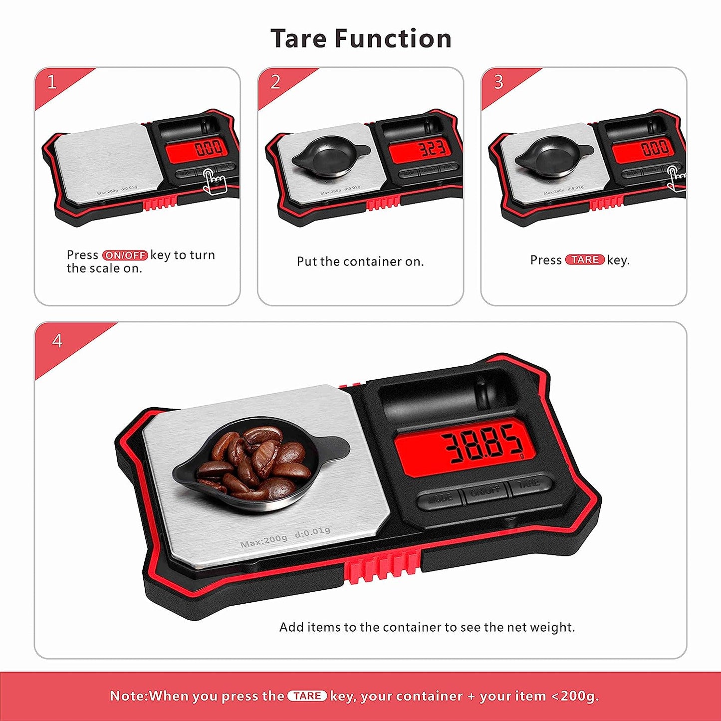 Fuzion Digital Pocket Scale, 200g x 0.01g Jewelry Gram Scale Red