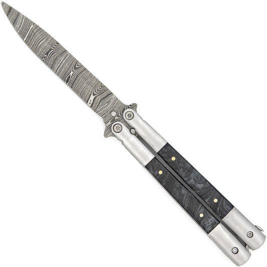 Damascus Clip Point Blade Balisong Butterfly Flipper Knife