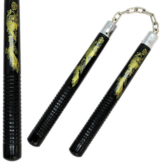 12" Black Finish Wood Nunchaku with Gold Dragon Graphics