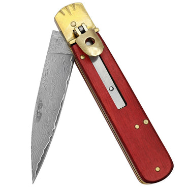Red Pakkawood Handle Automatic Damascus Steel Lever Lock Switchblade Knife