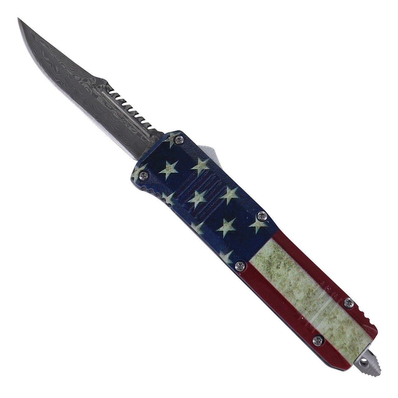 6.9" Red White and Blue-Blooded Damascus Steel Automatic OTF Knife
