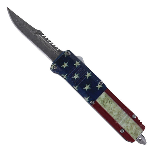 6.9" Red White and Blue-Blooded Damascus Steel Automatic OTF Knife