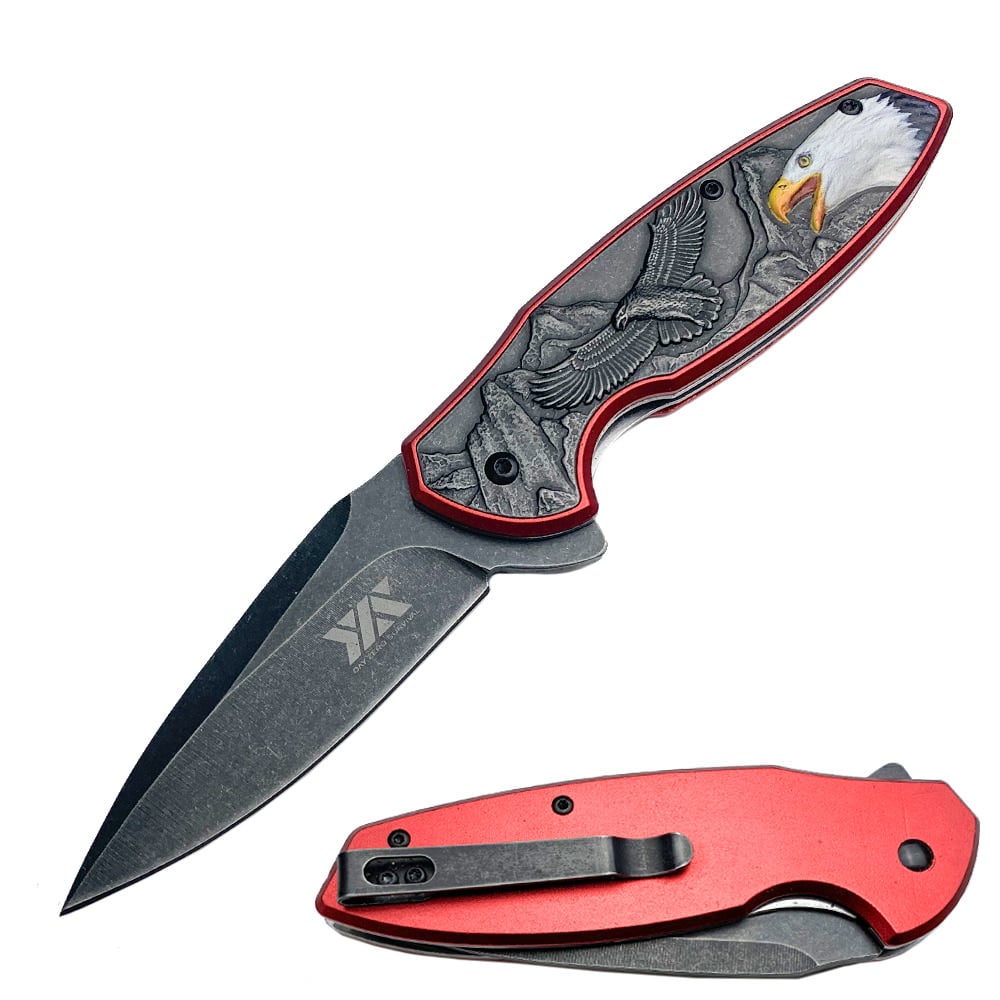 8" American Bald Eagle Spring Assisted Folding Pocket Knife Red