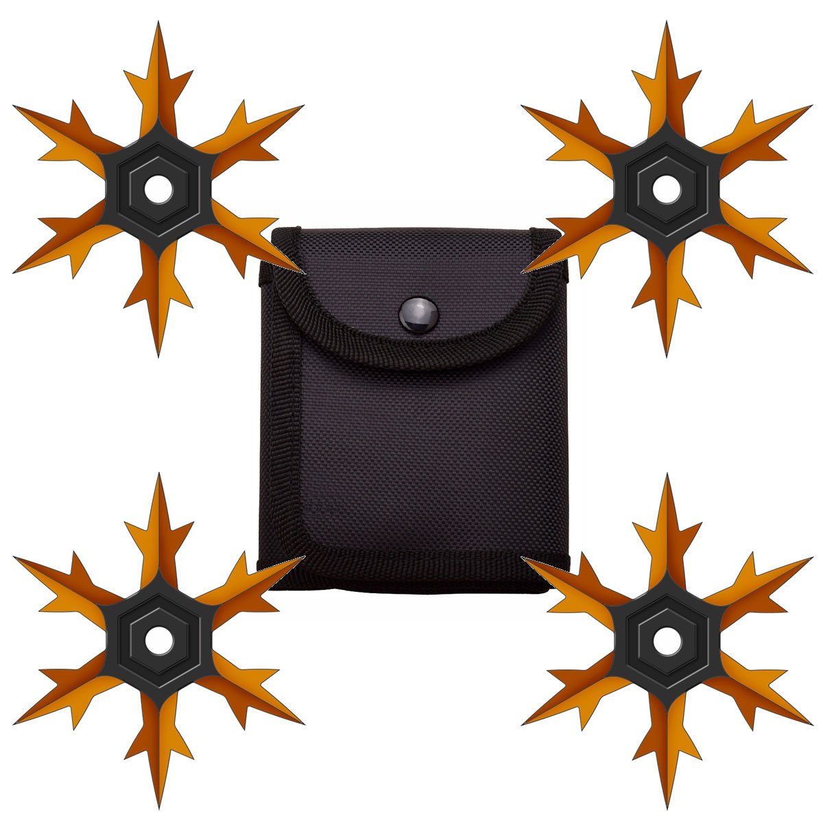 4 Pc Set Orange and Black Finish Six Point Throwing Ninja Stars Snowflake Shurikens