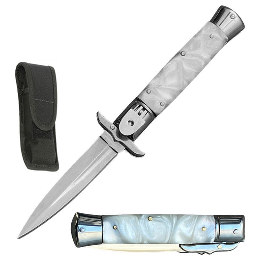 8.25" White Pearl Handle Automatic Lever Lock Stiletto Knife