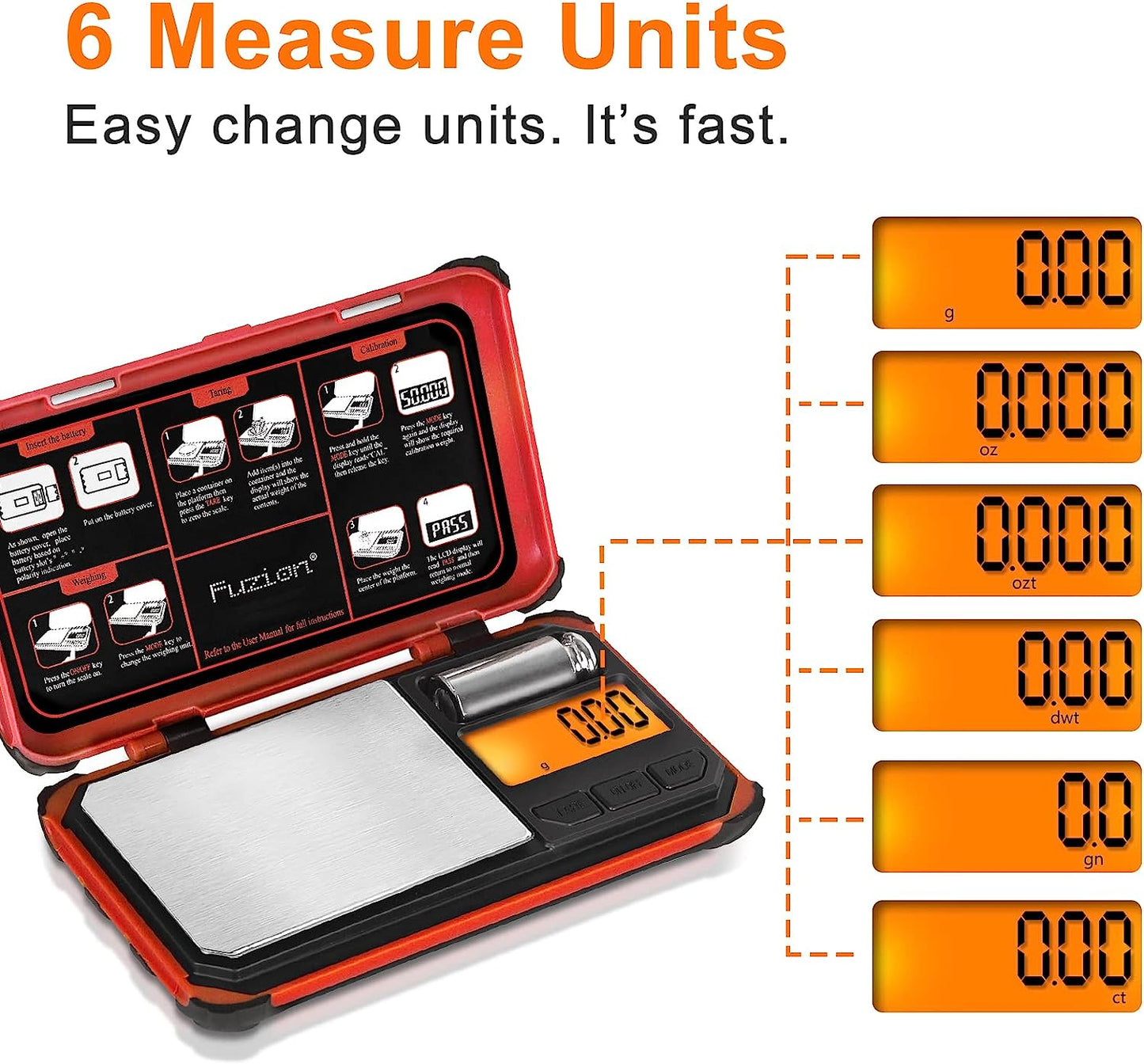 Fuzion TRI Gram Scale, 200g x 0.01g Digital Pocket Scale with 6 Units Red