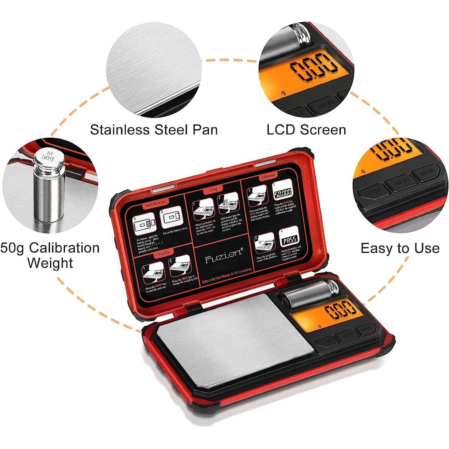 Fuzion TRI Gram Scale, 200g x 0.01g Digital Pocket Scale with 6 Units Red