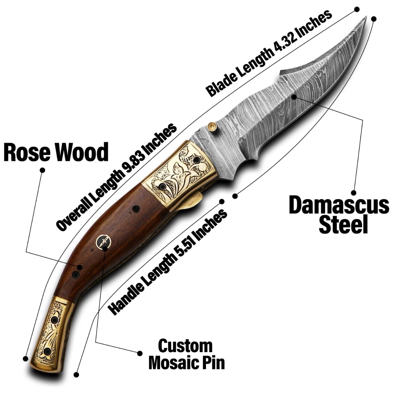 9" Damascus Steel Custom Hand Engraved Pocket Knife