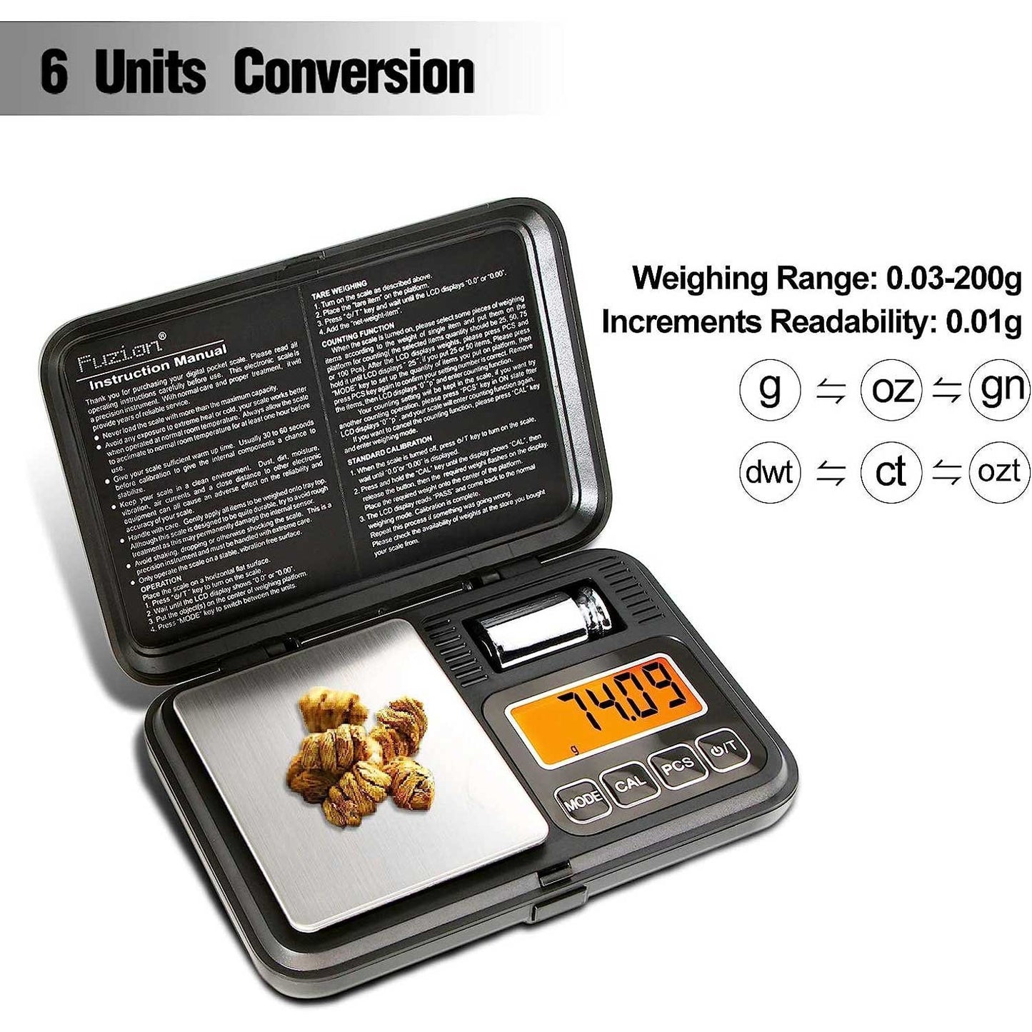 Fuzion Digital Pocket Scale 200g x 0.01g, with LCD Display with 50g Calibration Weight