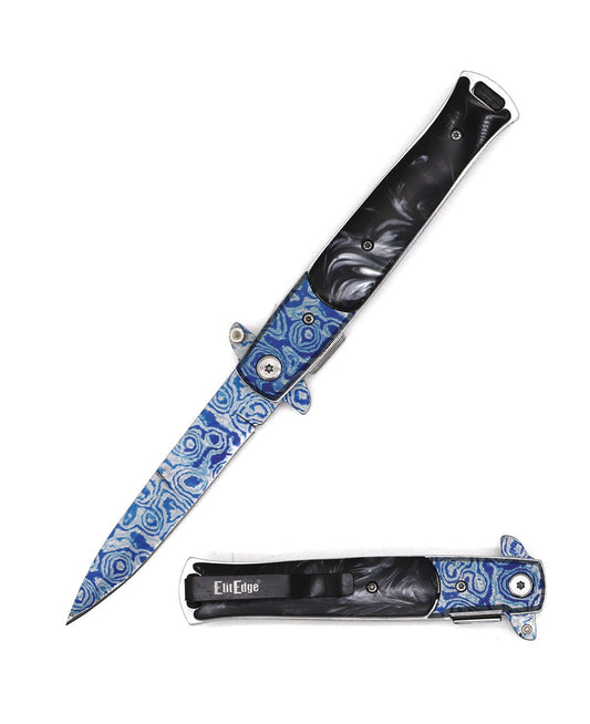 5" Stiletto Style Damascus Steel Spring Assist Knife with Black Pearl Handle