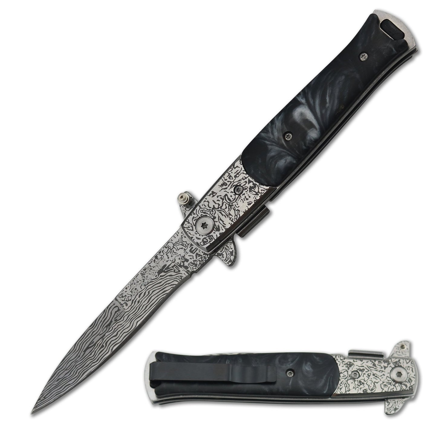 5" Stiletto Style Damascus Acid Edge Spring Assist Knife with Black Pearl Handle