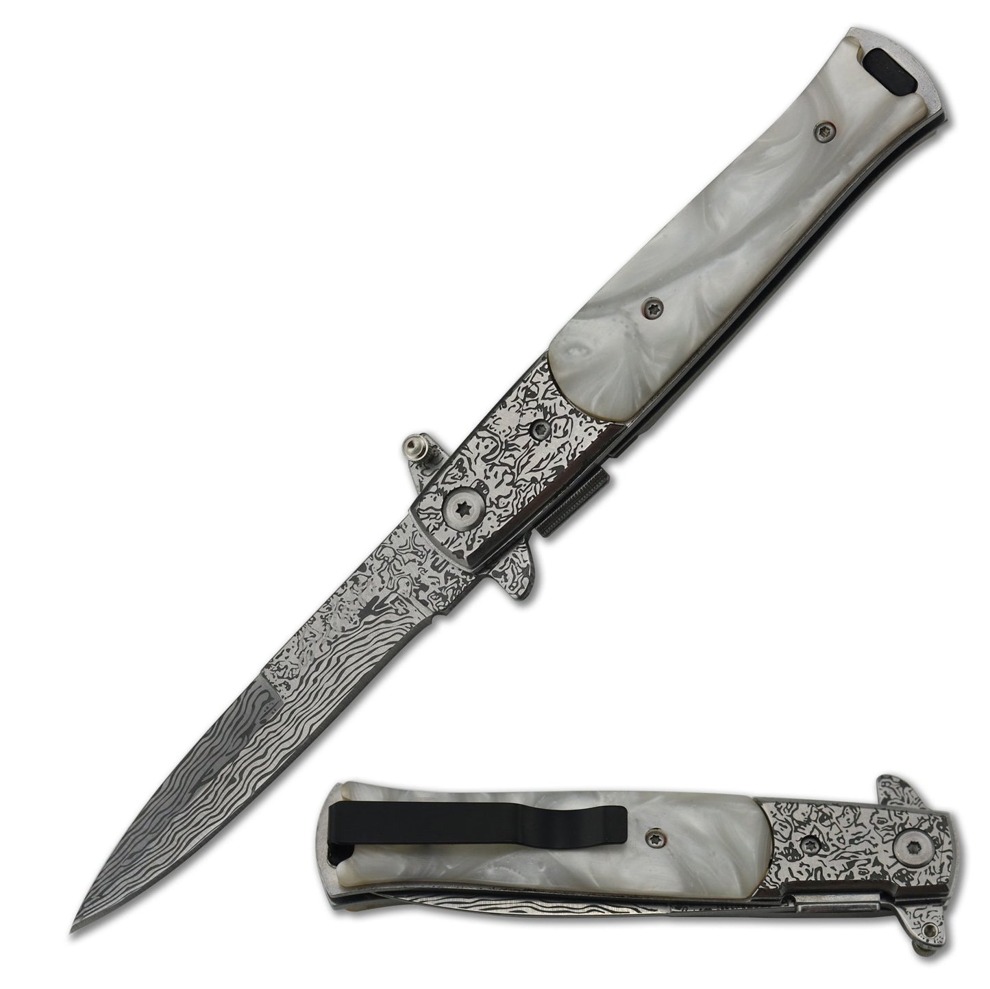 5" Stiletto Style Damascus Acid Edge Spring Assist Knife with White Pearl Handle