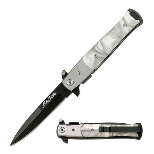 5" Stiletto Style Spring Assist Knife with White Pearl Handle