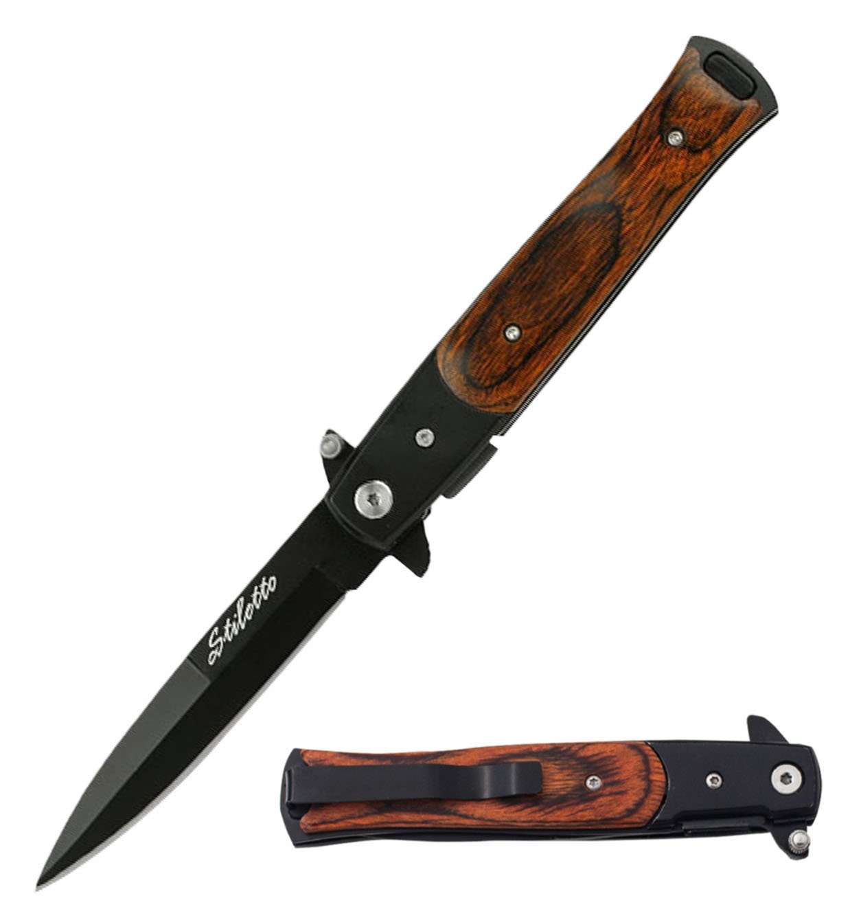 5" Stiletto Style Black Spring Assist Knife with Wood Overlay Handle