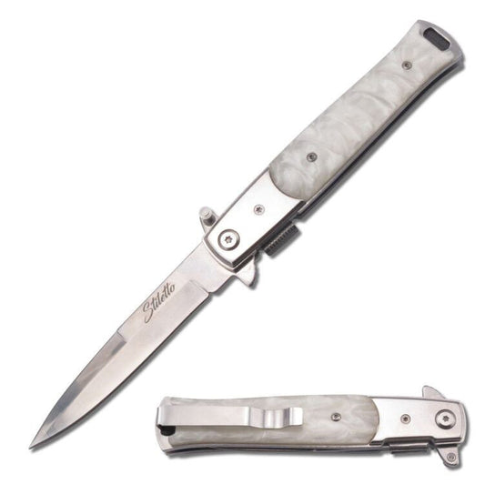 5" Closed Stiletto Style Spring Assist Knife with White Pearl Handle