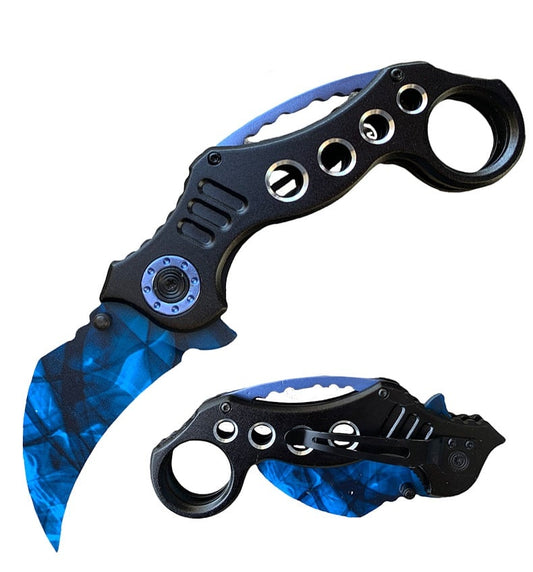 8" Military Blue Karambit Claw Spring Assisted Folding Open Pocket Knife