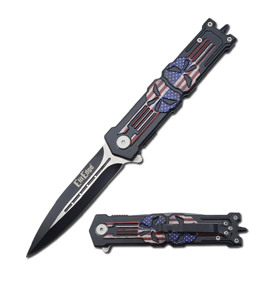 USA Skull Design Punisher Stiletto Spring Assist Tactical Rescue Pocket Knife