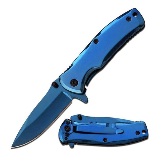 3.5" Closed Blue Titanium Spring Assisted Folding Knife