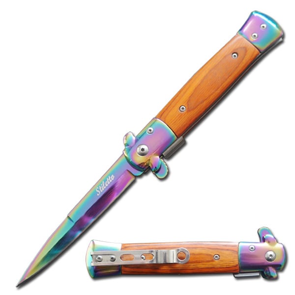 5" Closed Rainbow Blade Stiletto Style Spring Assist Knife Wood Handle