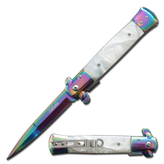 5" Closed Rainbow Blade Stiletto Style Spring Assist Knife White Handle