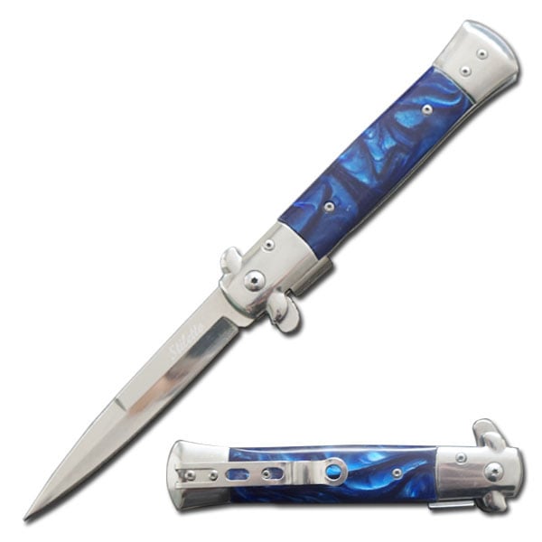 5" Closed Stiletto Style Spring Assisted Open Pocket Knife Blue Pearl Handle