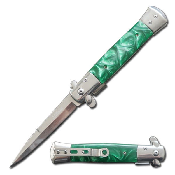 5" Closed Stiletto Style Spring Assisted Open Pocket Knife Green Pearl Handle