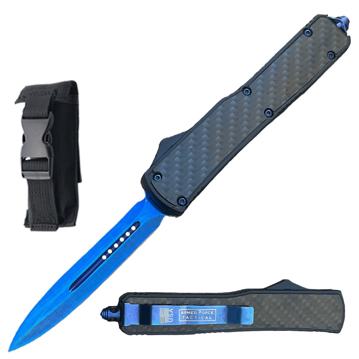 8.5" Carbon Fiber Assailant OTF Blue Automatic Dagger Blade Knife