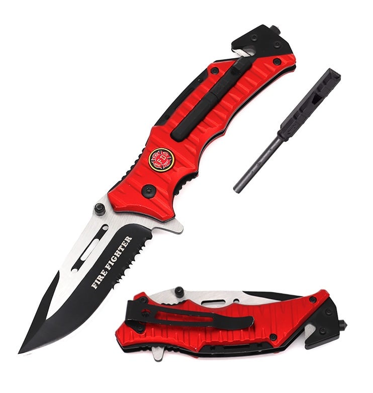 FD Tactical Folding Spring Assisted Knife with Firestarter and Whistle