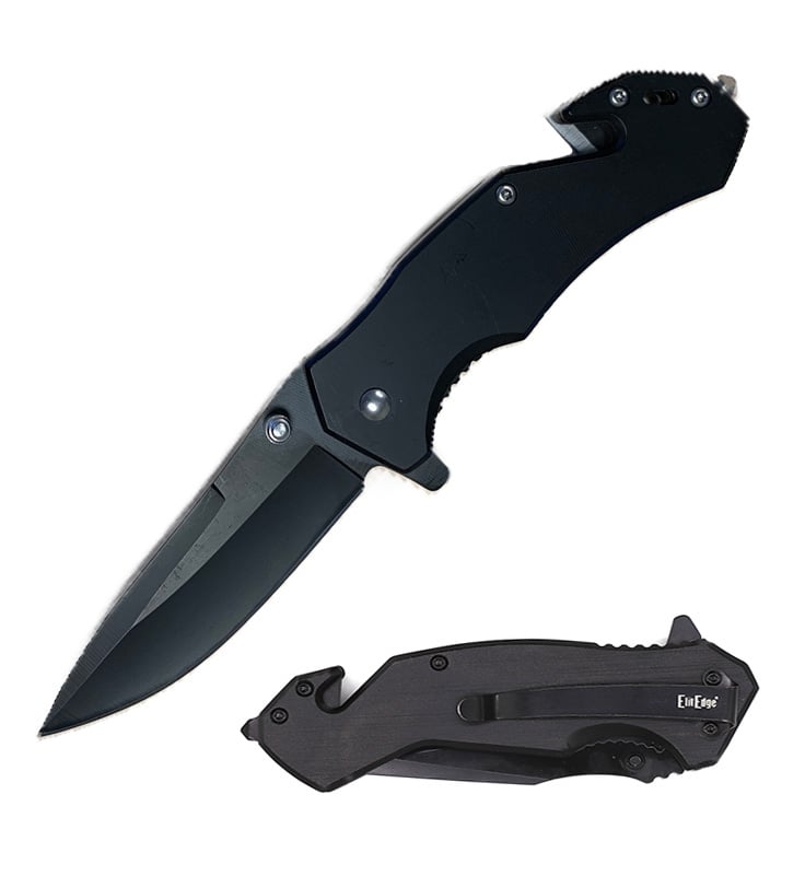 4" Closed Black Tactical Rescue EDC Spring Assisted Folding Pocket Knife