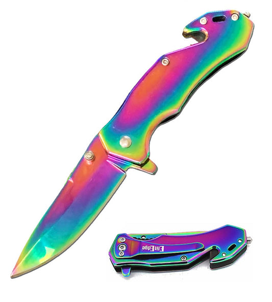 4" Closed Rainbow Tactical Rescue EDC Spring Assisted Folding Pocket Knife