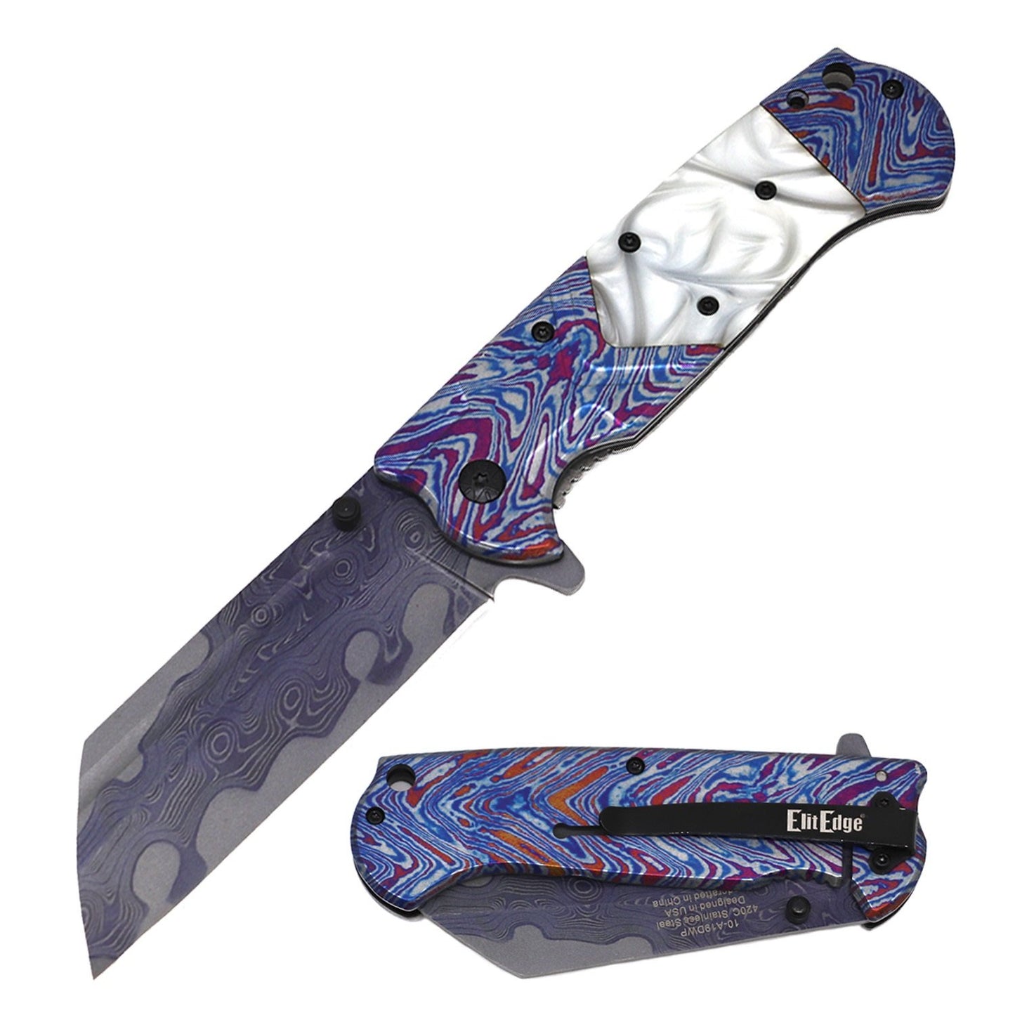 Titanium Damascus Etched Cleaver Razor Assisted Open Pocket Folding Knife