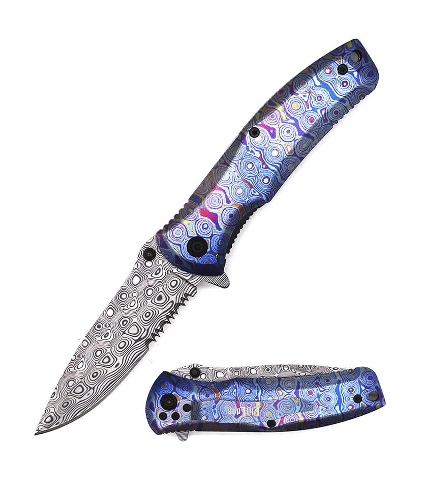 Multi Color Spring Assist Folding Knife Damascus Finish Blade