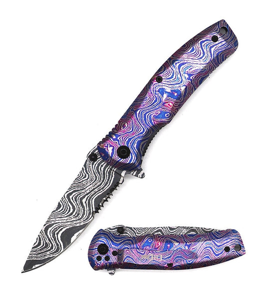 3D Multi Color Spring Assist Folding Knife Damascus Finish Blade